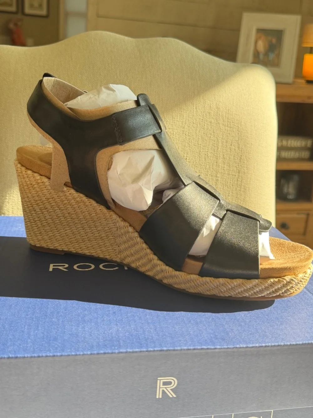 NWT Rockport Belle Sandal Wedge Heel Leather Black Adjustable Strap Woven Sz 9
